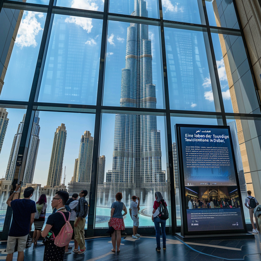 Touristen im Besucherzentrum des Burj Khalifa Touristen im Besucherzentrum des Burj Khalifa in Dubai, mit Blick auf den Wolkenkratzer.