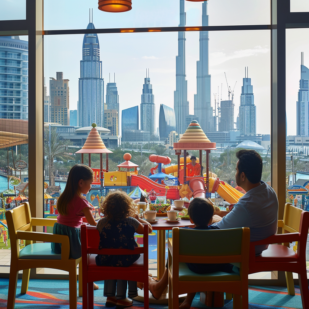 Familiencafé mit Spielplatz und Aussicht auf Dubais Skyline hand with phone taking picture