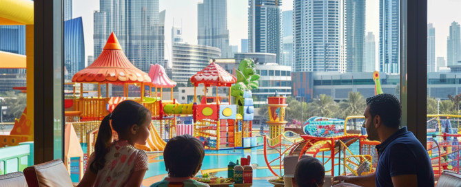 Eine Familie in einem Café mit Blick auf einen bunten Kinderspielplatz und die Skyline von Dubai.