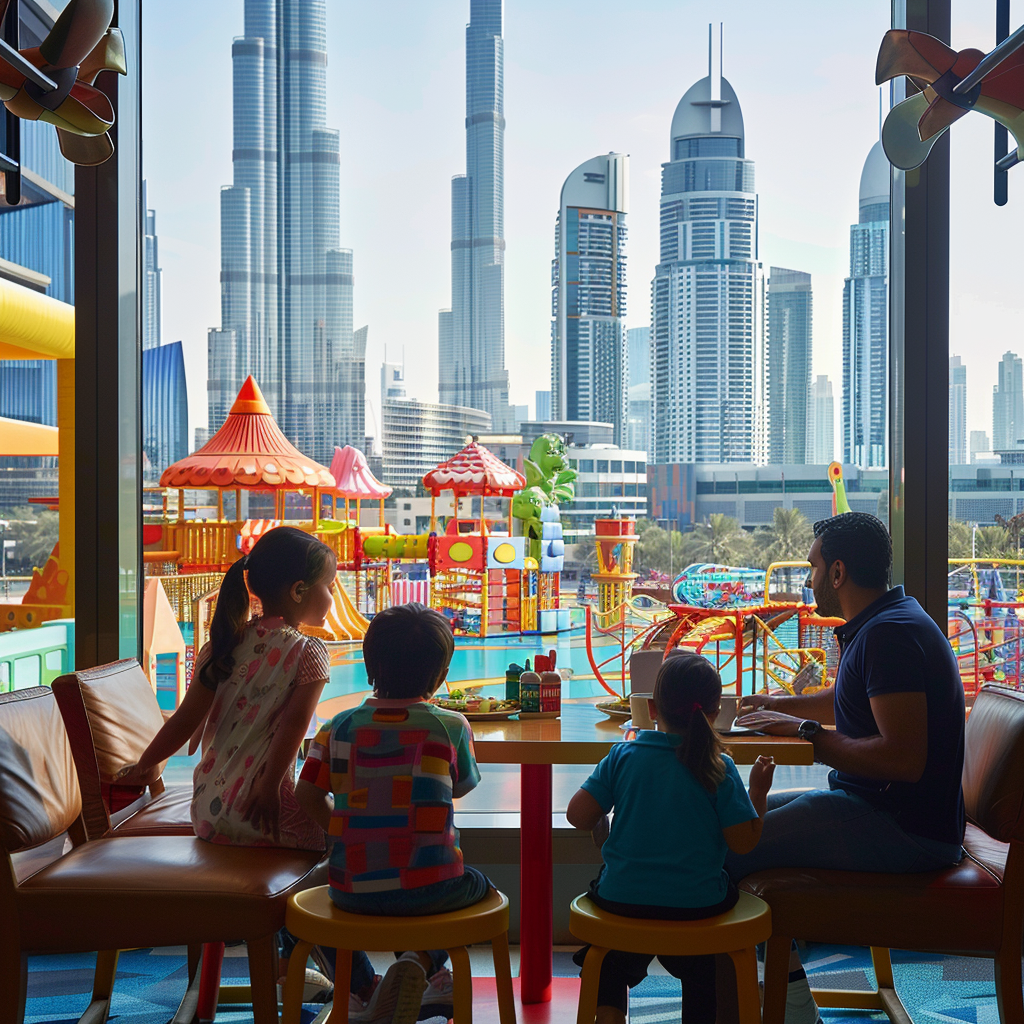 Eine Familie in einem Café mit Blick auf einen bunten Kinderspielplatz und die Skyline von Dubai.