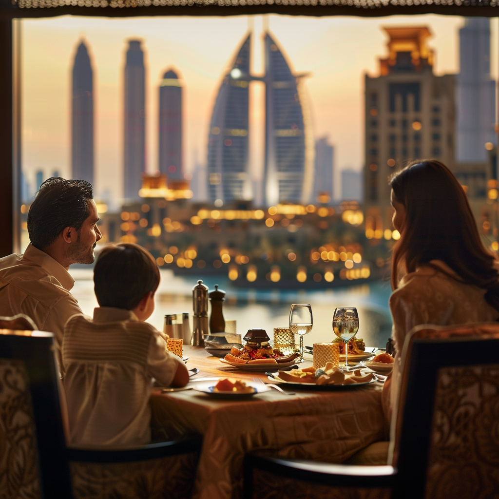 Familienessen mit Aussicht in Dubai Eine Familie genießt ein Abendessen in einem Restaurant mit Blick auf die beleuchtete Skyline von Dubai.