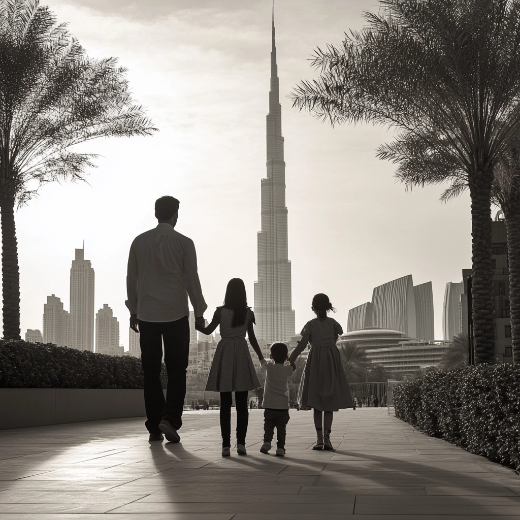 family walking straight to the burj khalifa