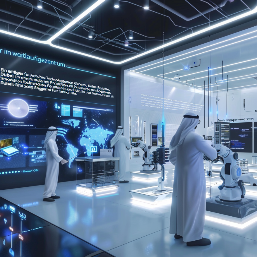 A futuristic technology center in Dubai with cutting-edge technology and scientists.