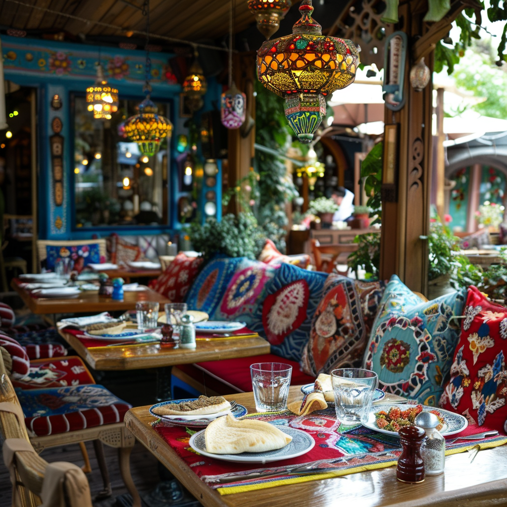 Gemütliches Türkisches Restaurant Ein gemütliches Restaurant mit traditioneller türkischer Dekoration, Holzmöbeln und bunten Kissen.
