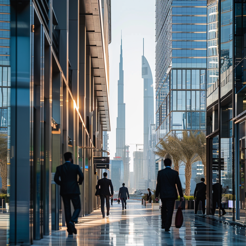 Geschäftsviertel in Dubai Menschen im Geschäftsviertel von Dubai mit Wolkenkratzern im Hintergrund.
