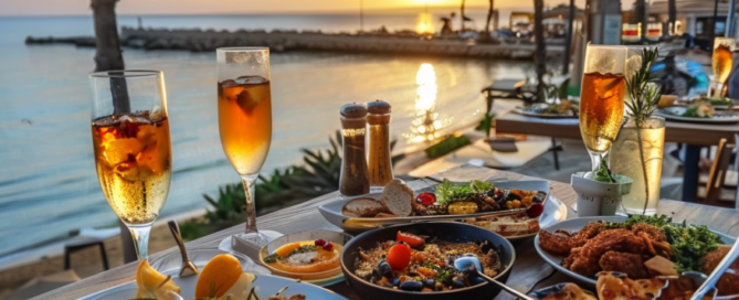 A luxurious dinner by the sea at sunset.