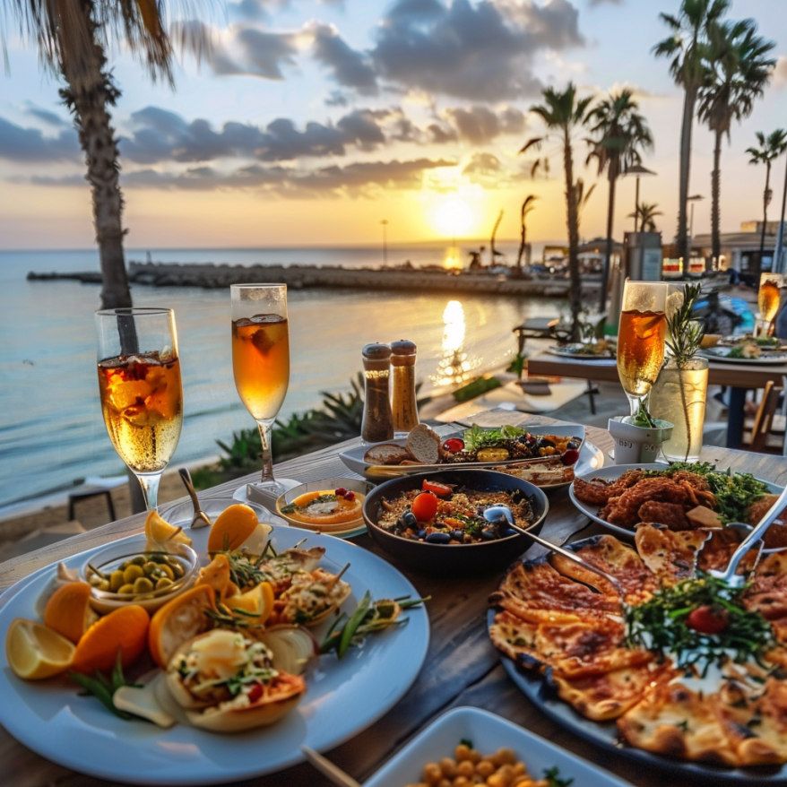 Ein luxuriöses Abendessen am Meer bei Sonnenuntergang.