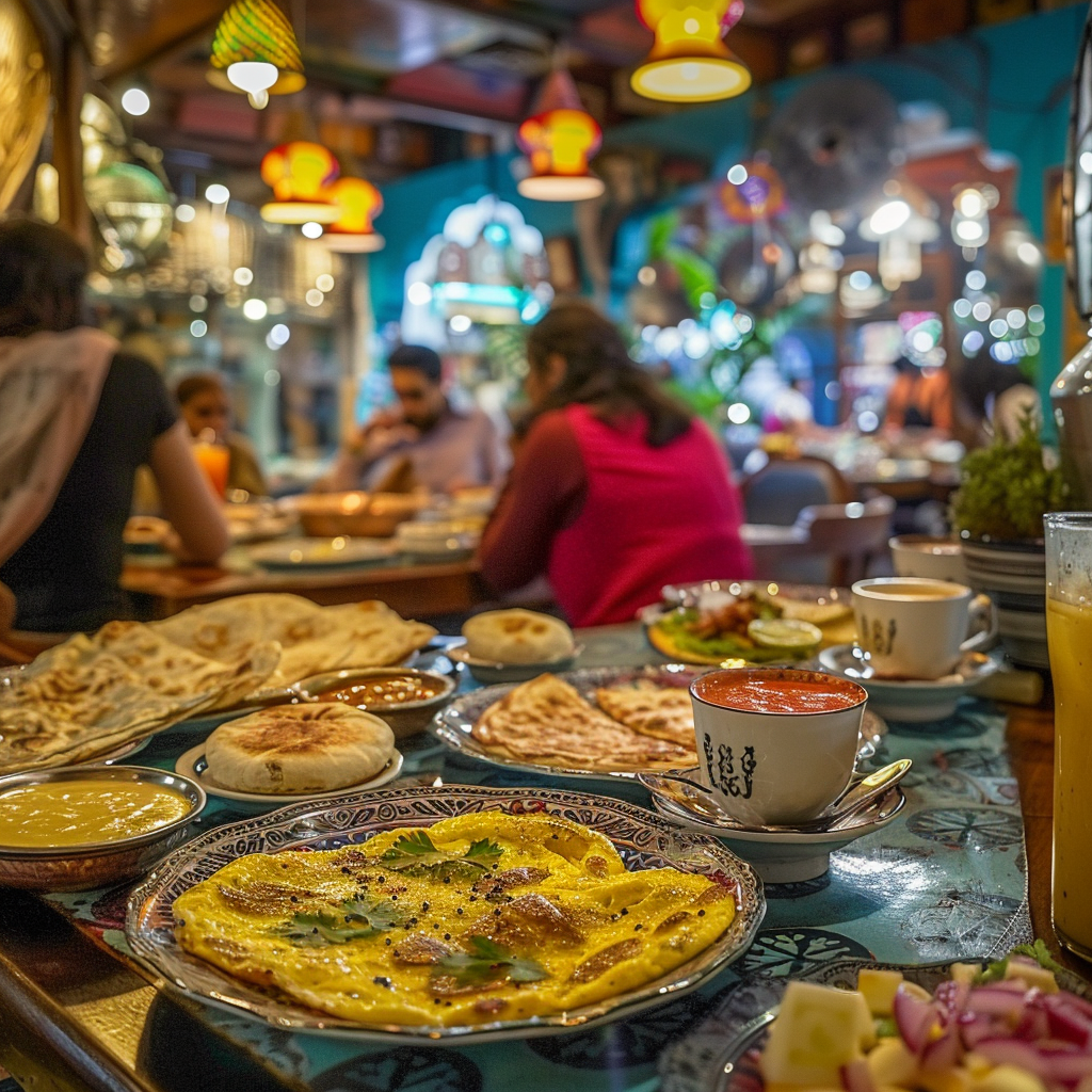Indisches Frühstück im Restaurant Ein reichhaltiges indisches Frühstück im Restaurant mit verschiedenen Gerichten und Getränken.