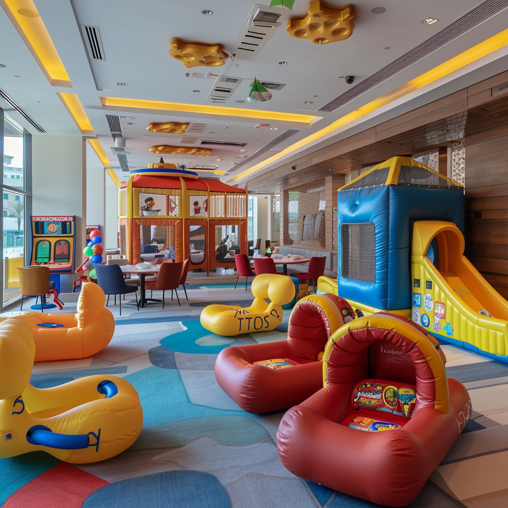 Kinderfreundlicher Raum im Rixos Premium Dubai Ein kinderfreundlicher Spielbereich im Rixos Premium Dubai mit aufblasbaren Spielzeugen und Rutschen.