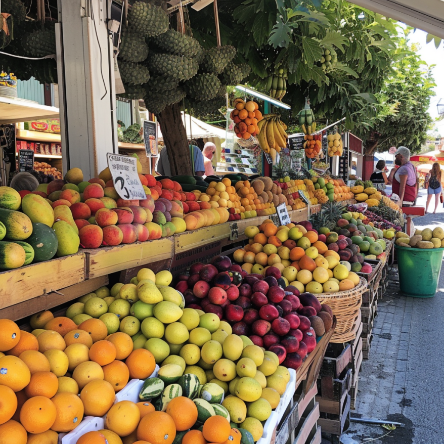 Lebendiger Markt in Larnaca mit frischen Früchten hand with phone taking picture