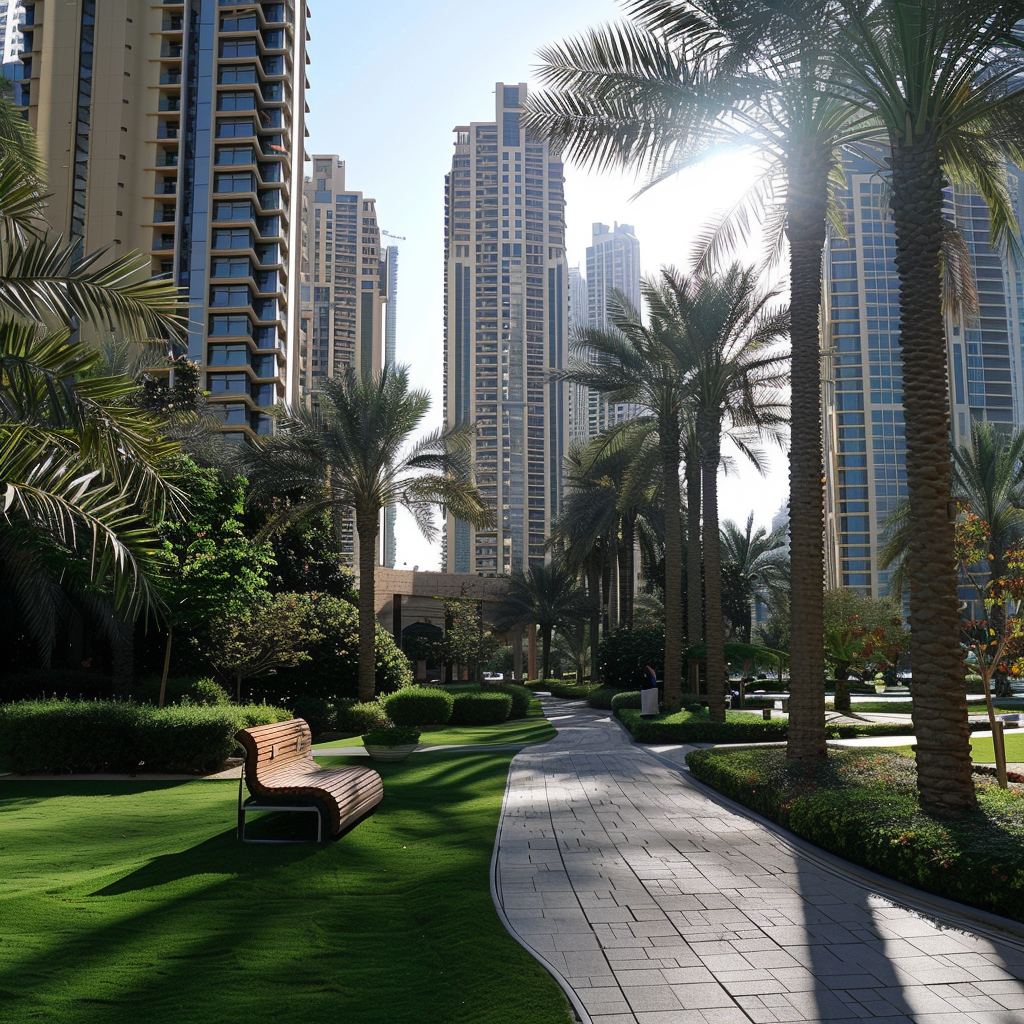 Ein luxuriöses Wohngebiet in Dubai mit modernen Hochhäusern und üppigen Grünflächen.