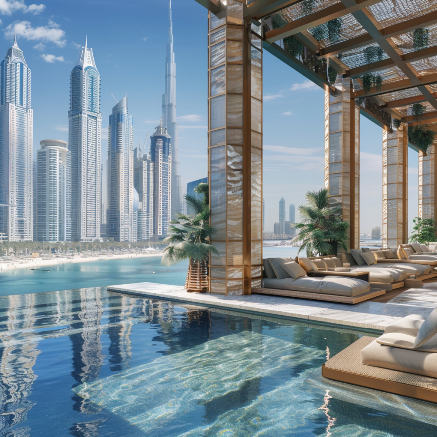 Luxuriöses Resort mit Pool und Blick auf Dubais Skyline hand with phone taking picture
