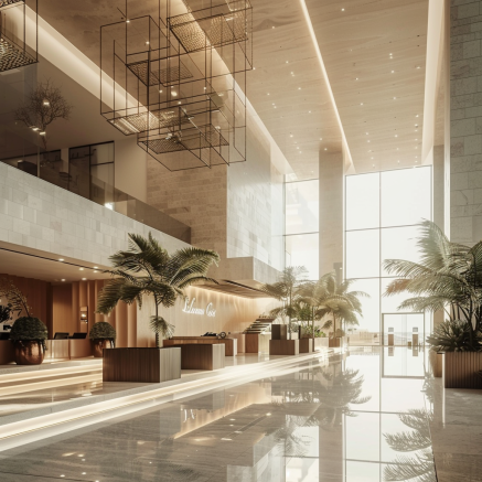 Luxury Hotel Lobby with Modern Architecture A luxurious hotel lobby with modern architecture and stylish decor.