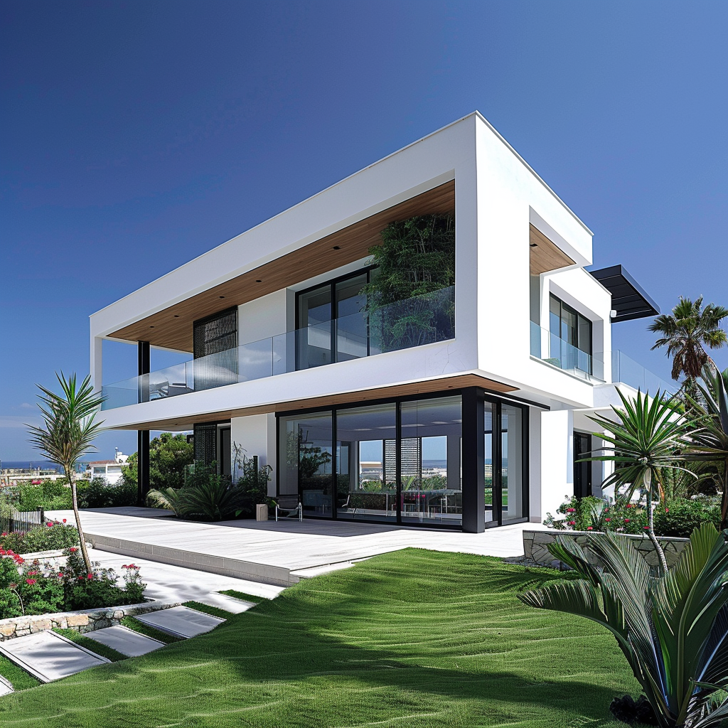 A modern house in Oroklini, Larnaca with a view of the sea.