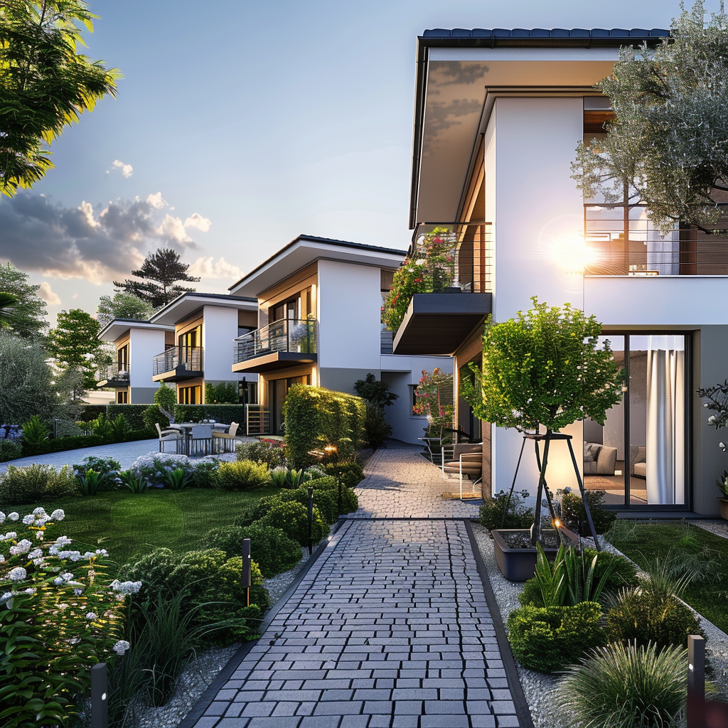 Luxuriöse Wohnanlage mit modernen Gebäuden und üppigen Grünflächen Eine malerische Wohnanlage mit modernen Gebäuden und üppigen Grünflächen bei Sonnenuntergang.