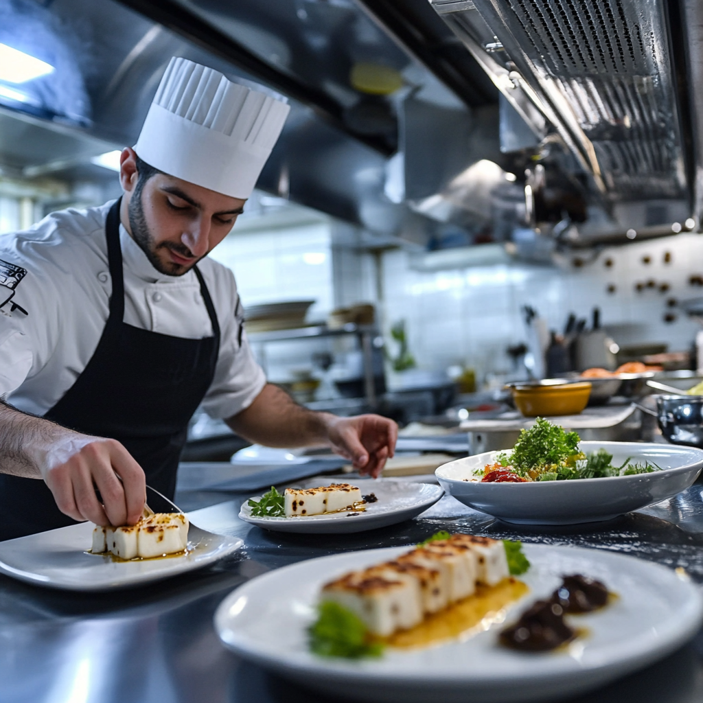 Moderner zypriotischer Koch in der Restaurantküche Ein Koch in einer modernen zypriotischen Restaurantküche, der sorgfältig ein Gericht anrichtet.