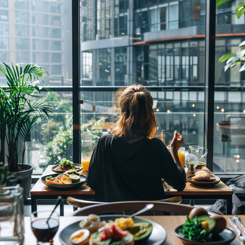 Modernes Frühstückscafé mit Blick auf die Stadt Eine Person, von hinten gesehen, sitzt in einem modernen Frühstückscafé mit großen Fenstern und genießt das Essen.