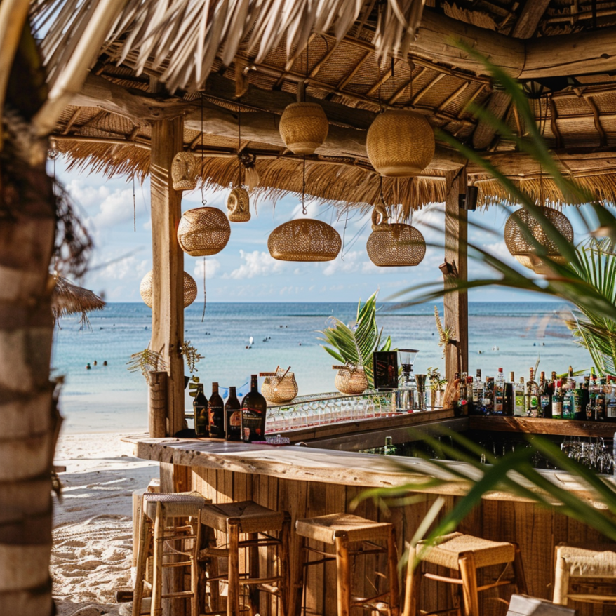 A tropical beach bar named Nusa Beach Bar with a view of the sea. hand with phone taking picture