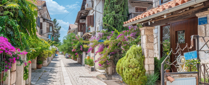 A charming, flower-lined alley with traditional stone houses and a "For Sale" sign in Cyprus.