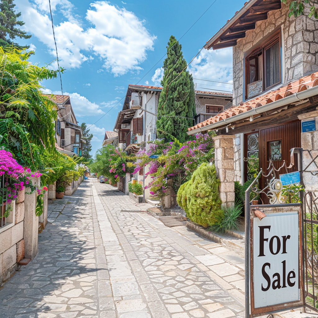 A charming, flower-lined alley with traditional stone houses and a "For Sale" sign in Cyprus.