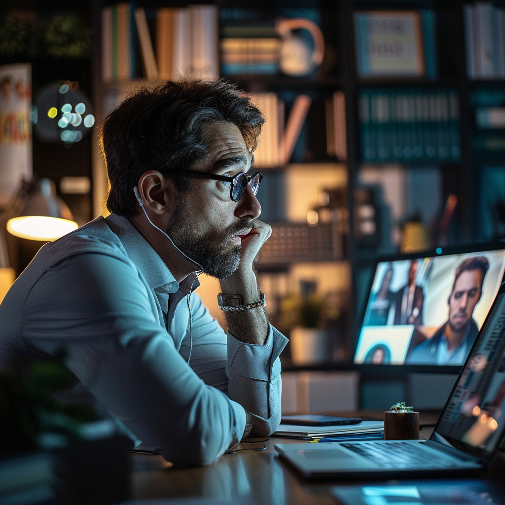 Business owner on a video call dealing with compliance issues Business owner on a video call dealing with compliance issues