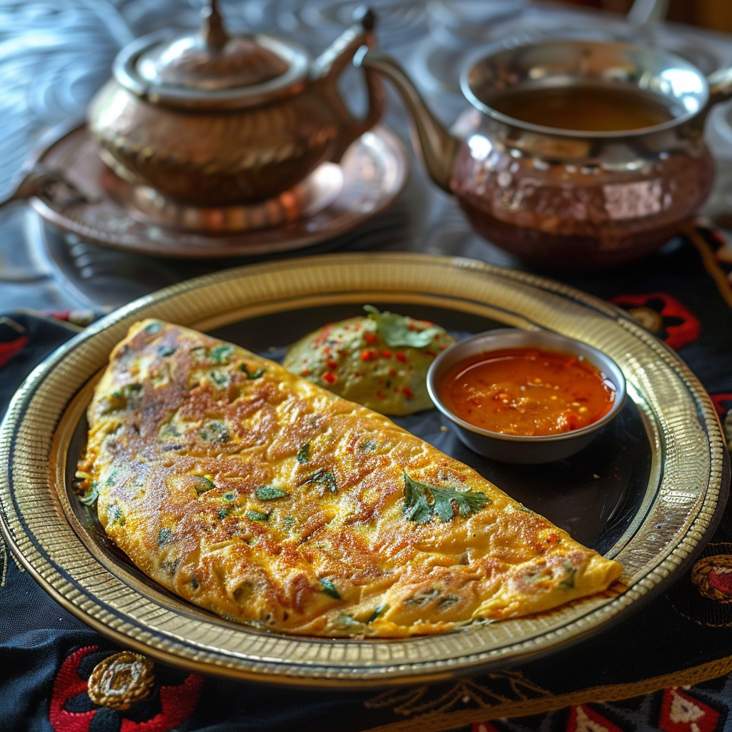 Traditional Indian Breakfast A traditional Indian breakfast with an omelette, sauce, and tea in copper kettles.