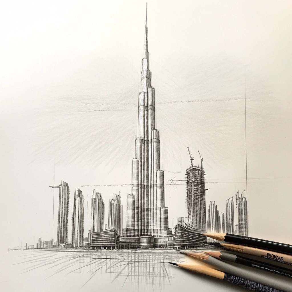 sketch of the burj khalifa with pens
