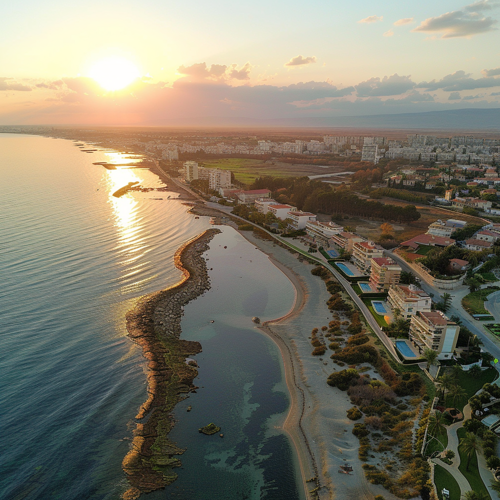 Sonnenuntergang über Larnaca Ein Foto von Larnaca, das die Bezirke Oroklini und Livadia bei Sonnenuntergang zeigt.