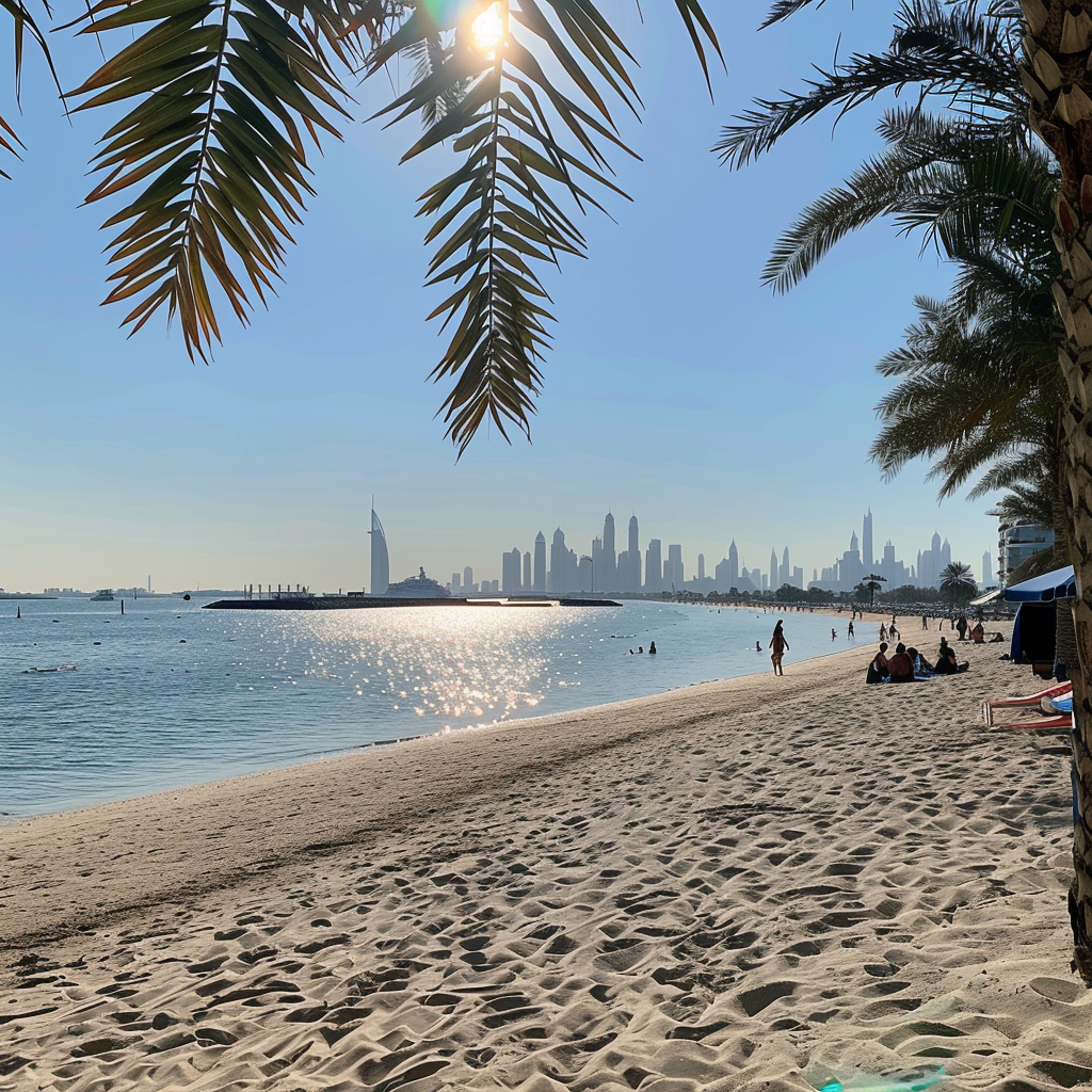 Sonniger Tag am Strand in Dubai Ein sonniger Tag am Strand in Dubai mit der Skyline im Hintergrund.