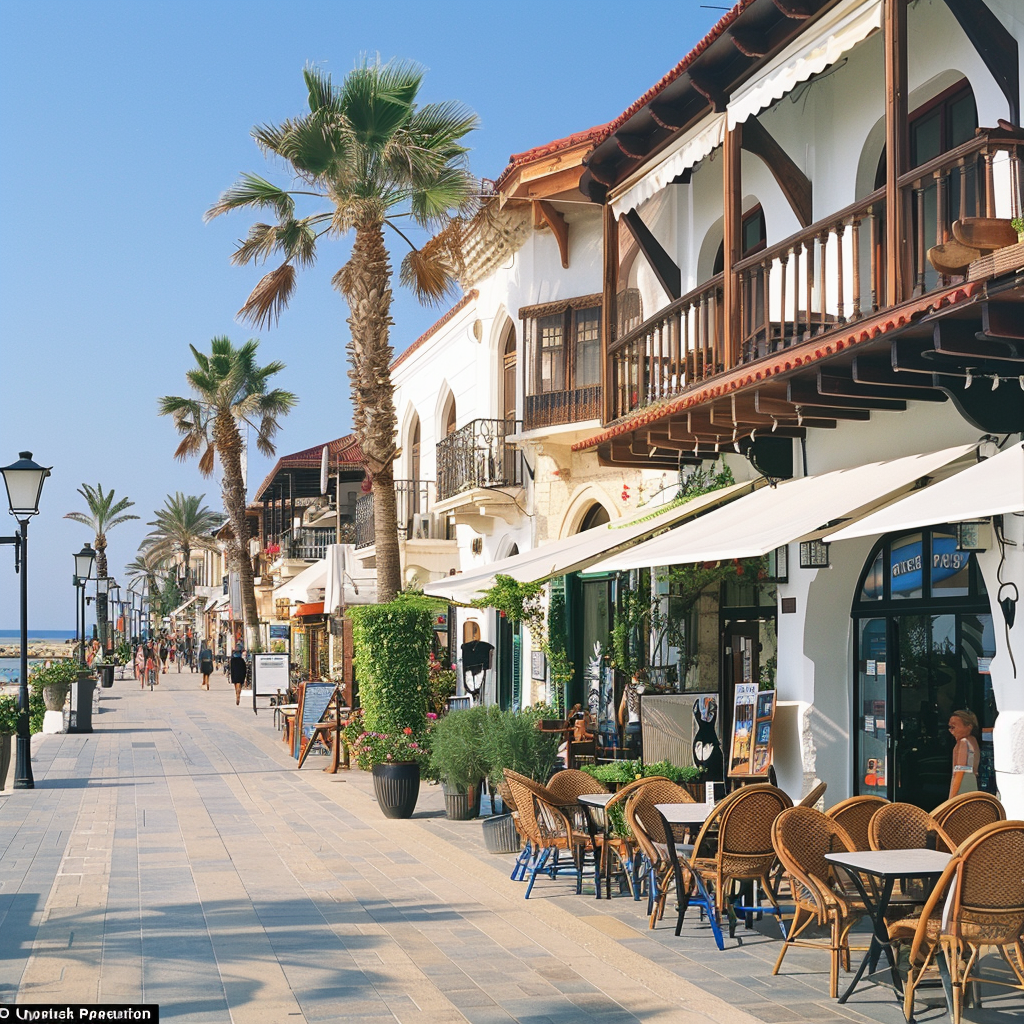 Malerisches Stadtbild von Larnaca, Zypern Ein malerisches Stadtbild von Larnaca, Zypern, mit Palmen und gemütlichen Cafés entlang einer Fußgängerzone.