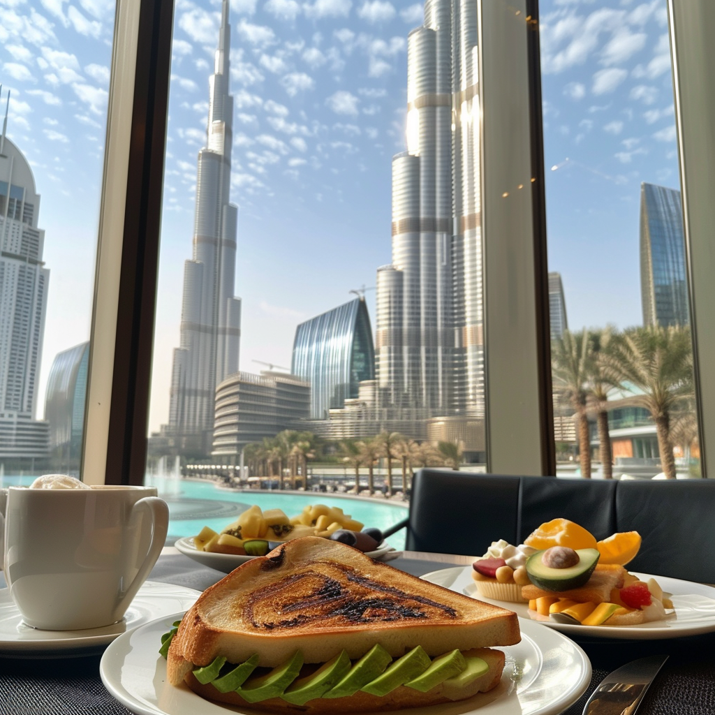 Stilvolles Café mit Blick auf den Burj Khalifa Ein stilvolles Café in der Dubai Mall mit Panoramafenstern und einem atemberaubenden Blick auf den Burj Khalifa.
