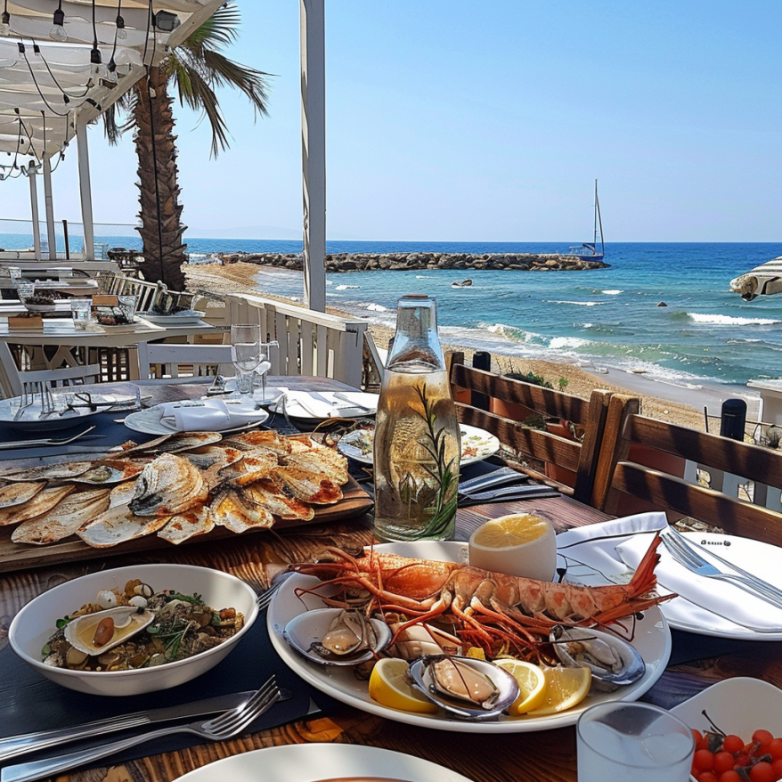 Strandrestaurant in Larnaca mit frischen Meeresfrüchten Ein lebhaftes Strandrestaurant in Larnaca mit einem Tisch voller Meeresfrüchte und Blick auf das Meer.
