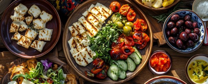 A vibrant and colorful spread of traditional Cypriot breakfast dishes on a wooden table.