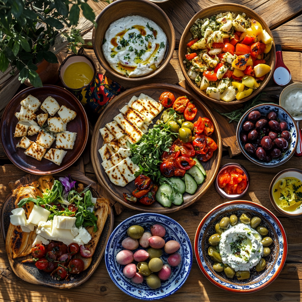 A vibrant and colorful spread of traditional Cypriot breakfast dishes on a wooden table.