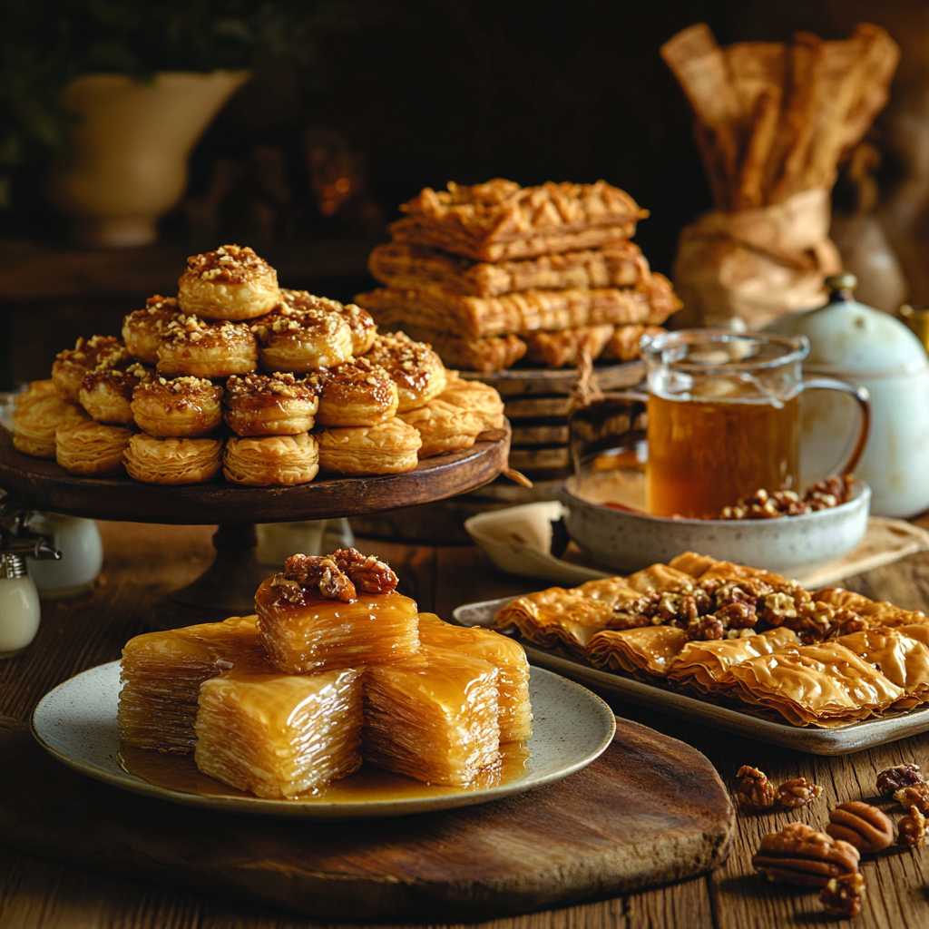Traditionelle Zypriotische Desserts Eine ansprechende Anordnung traditioneller zypriotischer Desserts auf einem rustikalen Holztisch.