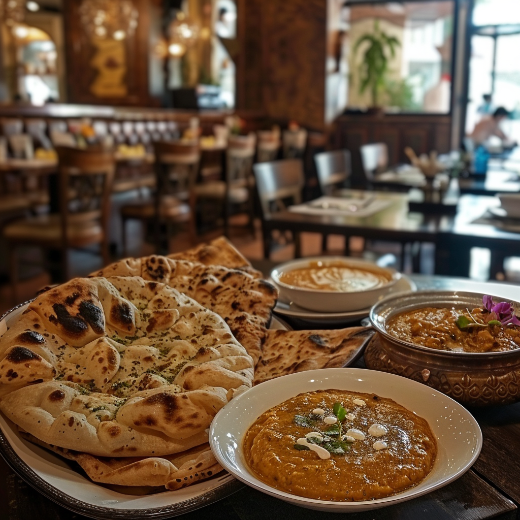 Traditionelles pakistanisches Essen im Restaurant Ein reich gedeckter Tisch mit traditionellen pakistanischen Gerichten, darunter Naan-Brot und Curry.