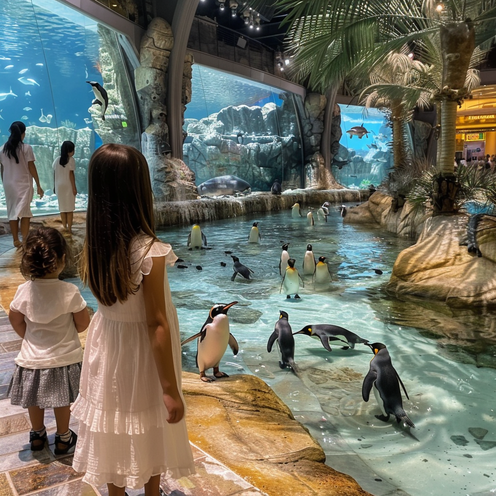 two kids standing in the pinguin resort of the mall of the emirates