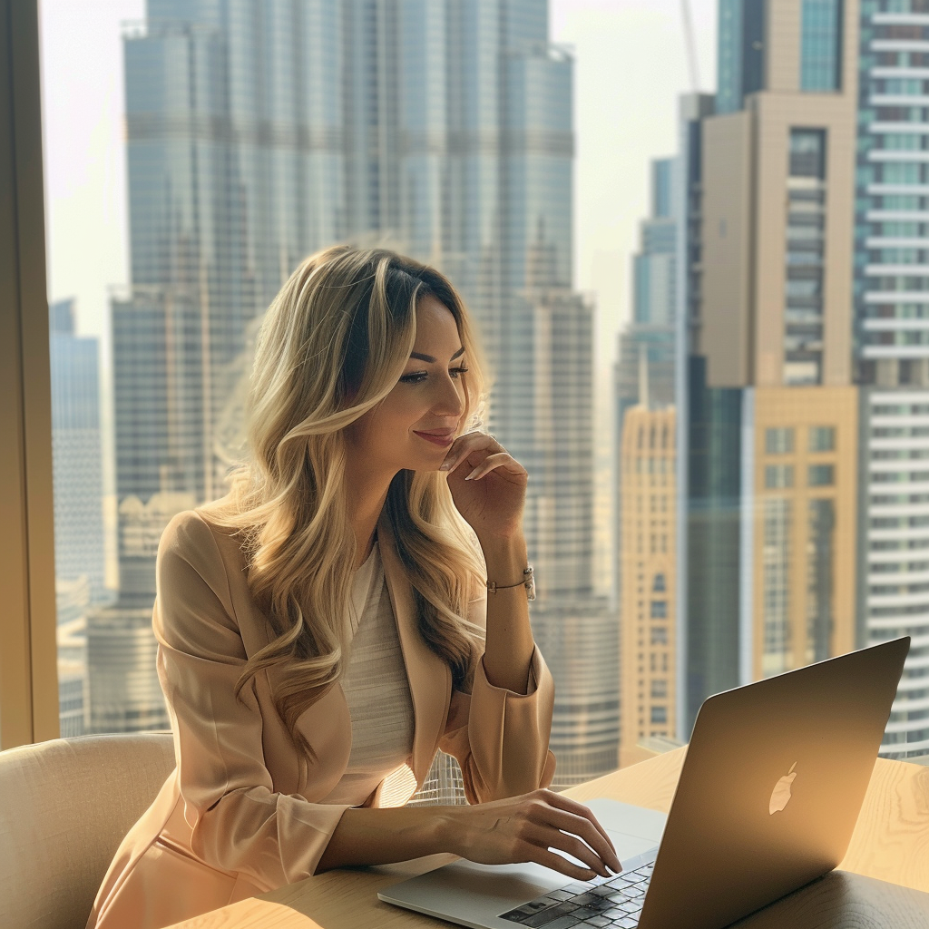 women using her laptop with internet connection in dubai
