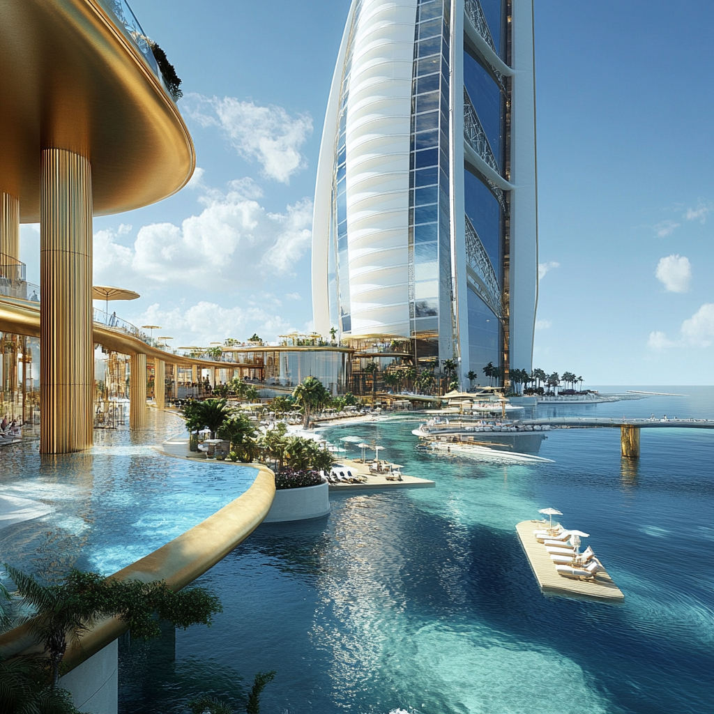 Luxusresort Burj Al Arab in Dubai mit beeindruckendem Pool und Meerblick.