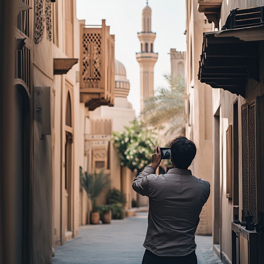 Fotograf in der Altstadt von Dubai Eine Person fotografiert eine malerische Gasse in der Altstadt von Dubai.