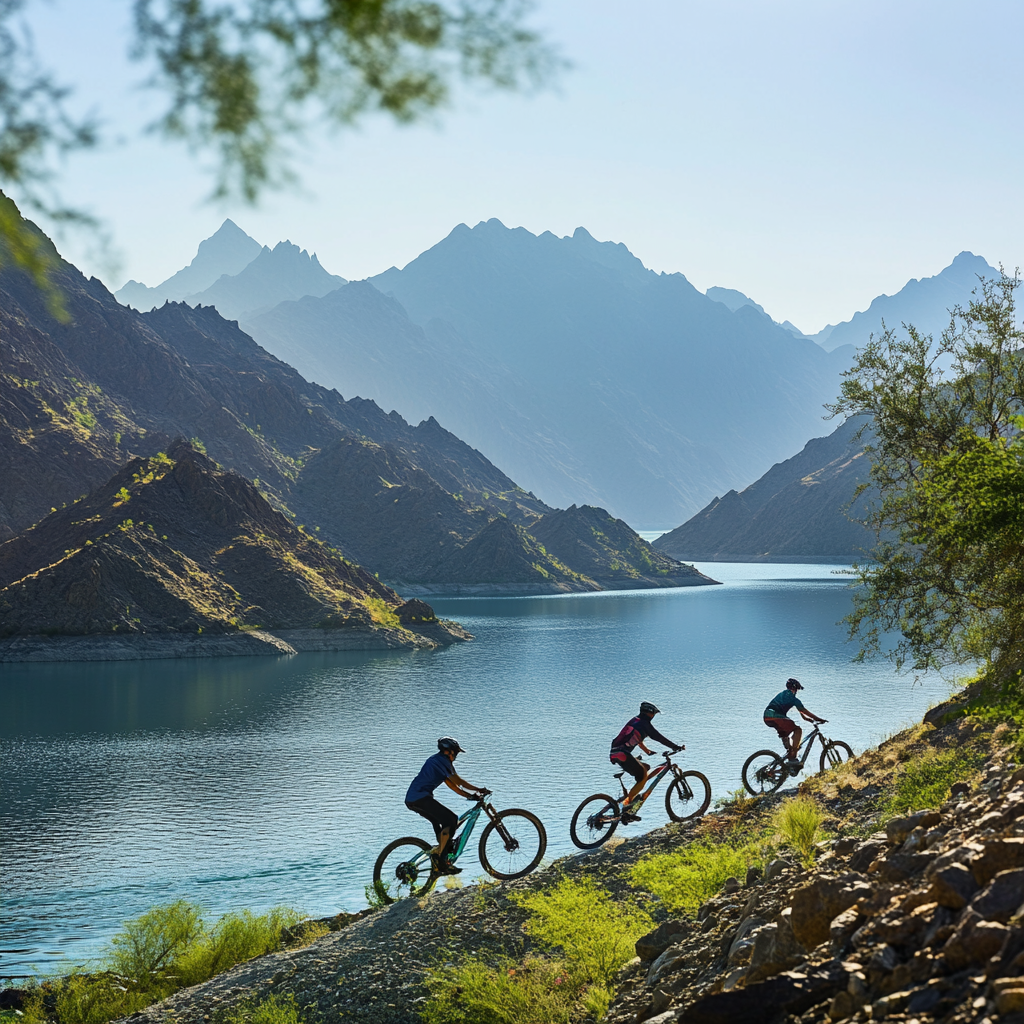 Radfahren in den Hatta-Bergen Drei Radfahrer fahren entlang eines Pfades in den malerischen Bergen von Hatta, mit einem See im Hintergrund.