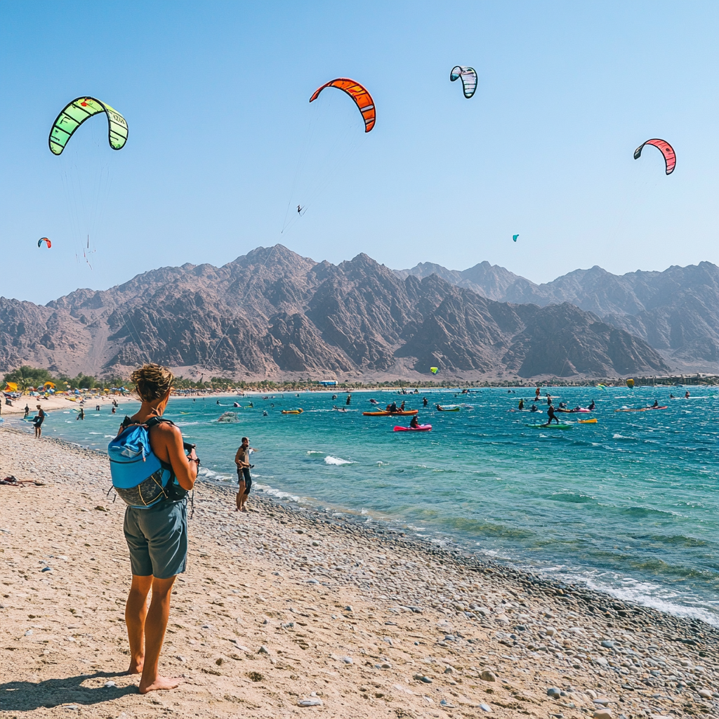 Strandaktivitäten in Dubai – Kitesurfen und Berge Person am Strand von Dubai mit Kitesurfern und Bergen im Hintergrund.