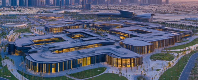 Aerial view of Dubai Police Academy and skyline with Burj Khalifa in the background at sunset.