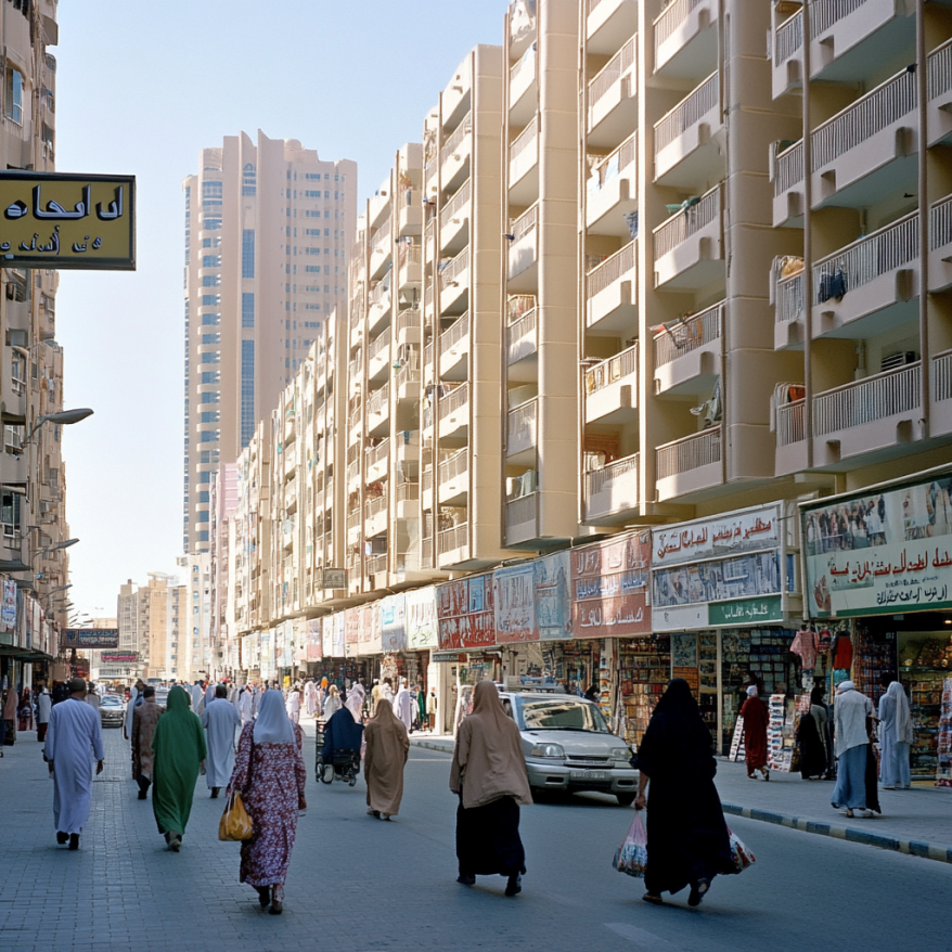 Eine belebte Wohngegend in Al Nahda, Dubai, mit Menschen, die die Straße entlanglaufen, und Gebäuden im Hintergrund.