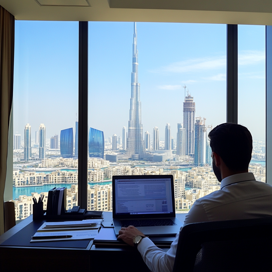 Ein Geschäftsmann sitzt an einem Schreibtisch in einem Büro mit Blick auf den Burj Khalifa in Dubai.