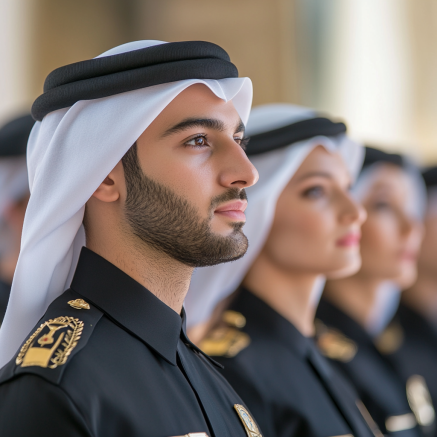 Bewerber für die Dubai Police in Uniform Eine Gruppe von Bewerbern für die Dubai Police in formellen Uniformen während eines Trainings.