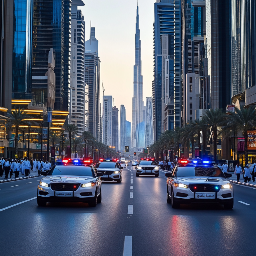 Polizeieskorte durch die Straßen von Dubai mit dem Burj Khalifa im Hintergrund Polizeieskorte in Dubai fährt durch eine belebte Straße mit dem Burj Khalifa im Hintergrund.