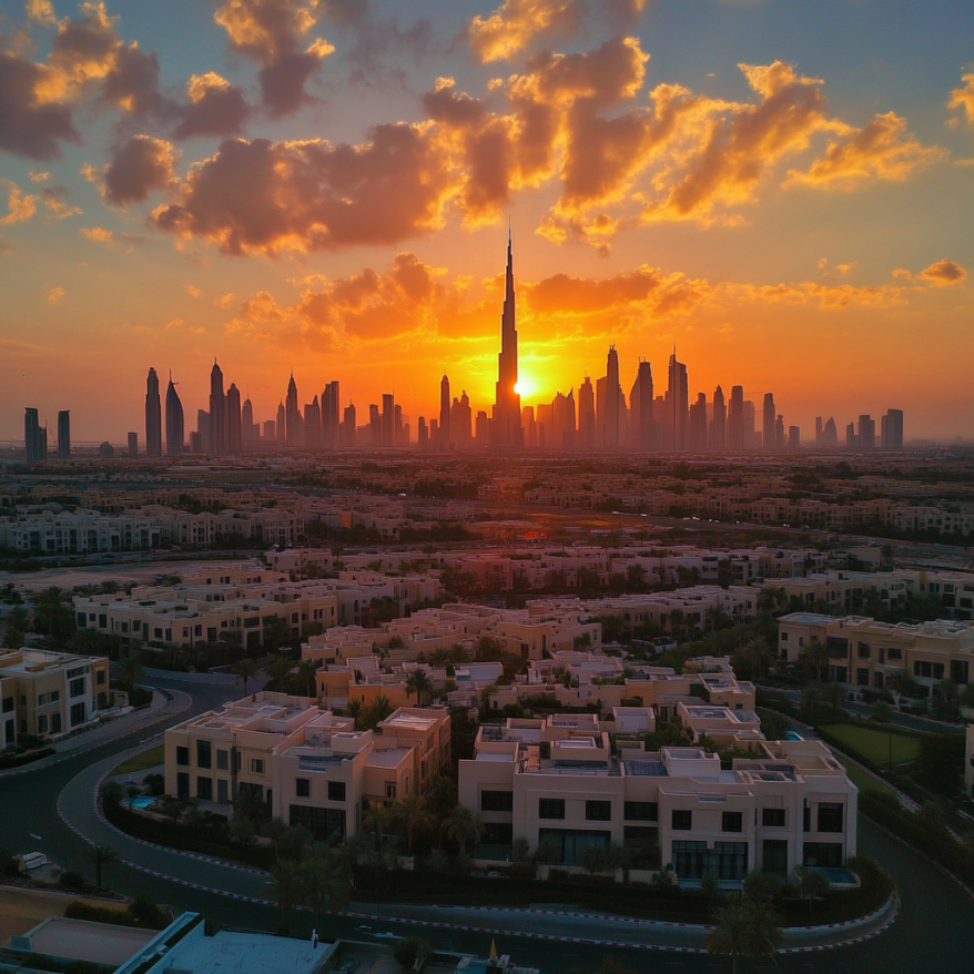 Ein beeindruckender Panoramablick auf die Skyline von Dubai mit dem Burj Khalifa bei Sonnenuntergang.
