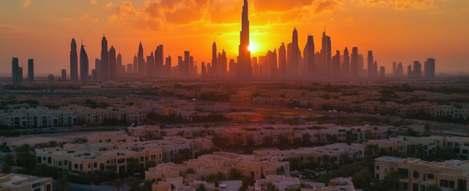 A stunning panoramic view of Dubai's skyline with the Burj Khalifa at sunset.