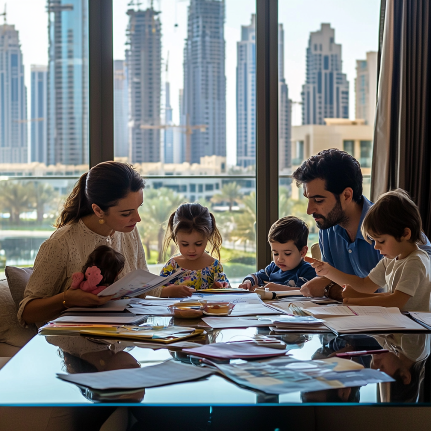 Eine Familie sitzt an einem Tisch in ihrer Wohnung in Dubai, mit Blick auf die Skyline der Stadt.